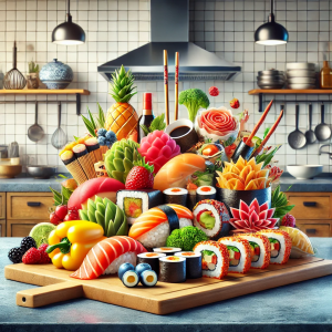DALL·E 2024-08-31 18.00.13 - A vibrant kitchen scene featuring a variety of sushi dishes, including nigiri, maki rolls, and creative fruit sushi, all arranged beautifully on a mod